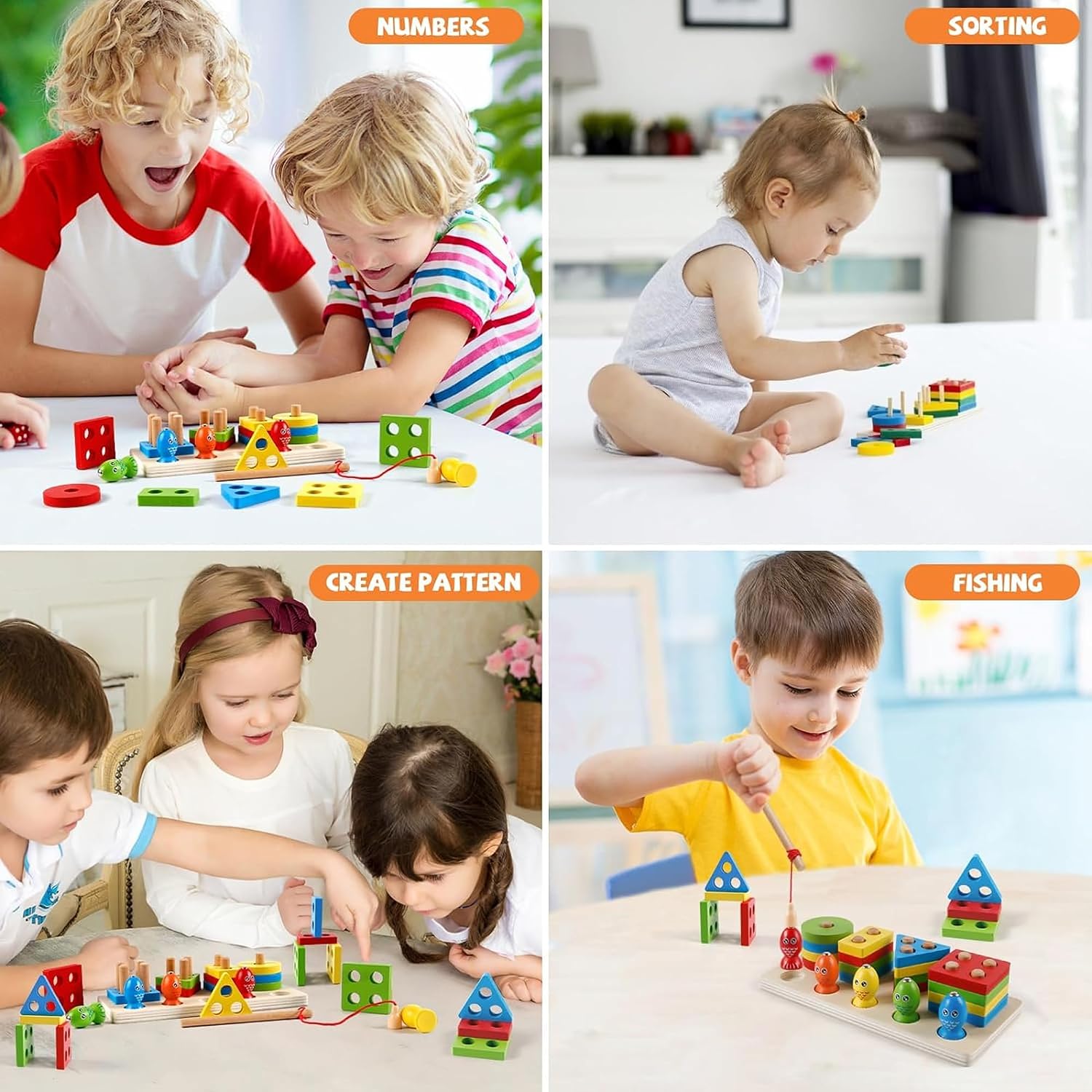 Fidtoy 3 in 1 Bee Clipping and Magnetic Fishing Four Column Shape Kit, Wooden Shape Sorting and Fine Motor Learning Toy Ages 2-6