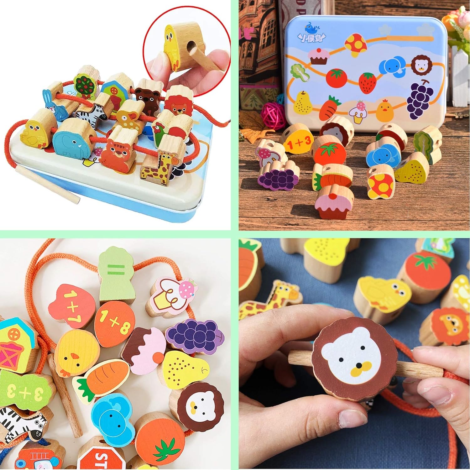 CenYouful Jouet à lacer en bois, jeu éducatif précoce de perles à lacer et à enfiler pour les tout-petains et les enfants, jeu de jouets d'apprentissage des animaux terrestres (12 pièces) (Légumes Fruits)