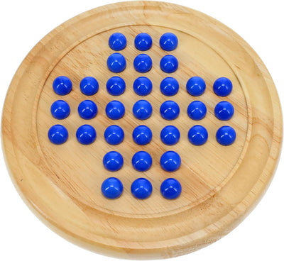 Fidtoy Solitaire Wooden Game with Marble Balls for Kids Ages 5+, Classic Wooden Strategy Board Game with 33 Blue Glass Marbles, Instructions and Coffee Table Puzzle Play