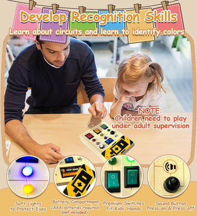 TEUVO Planche d'activités lumineuse LED pour tout-petits avec sons, jouets de voyage sensoriels Montessori en bois avec boutons pour occuper les enfants, cadeaux pour garçons et filles de 3 ans et plus
