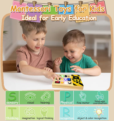 TEUVO Planche d'activités lumineuse LED pour tout-petits avec sons, jouets de voyage sensoriels Montessori en bois avec boutons pour occuper les enfants, cadeaux pour garçons et filles de 3 ans et plus