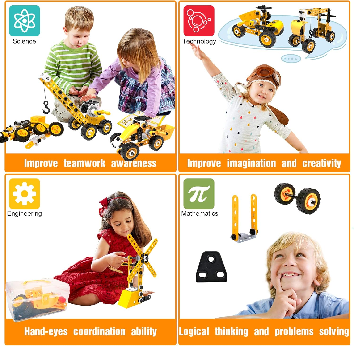 Fidtoy 10-in-1 Construction Vehicle Building Set for Kids STEM Engineering Toy 108 PCS