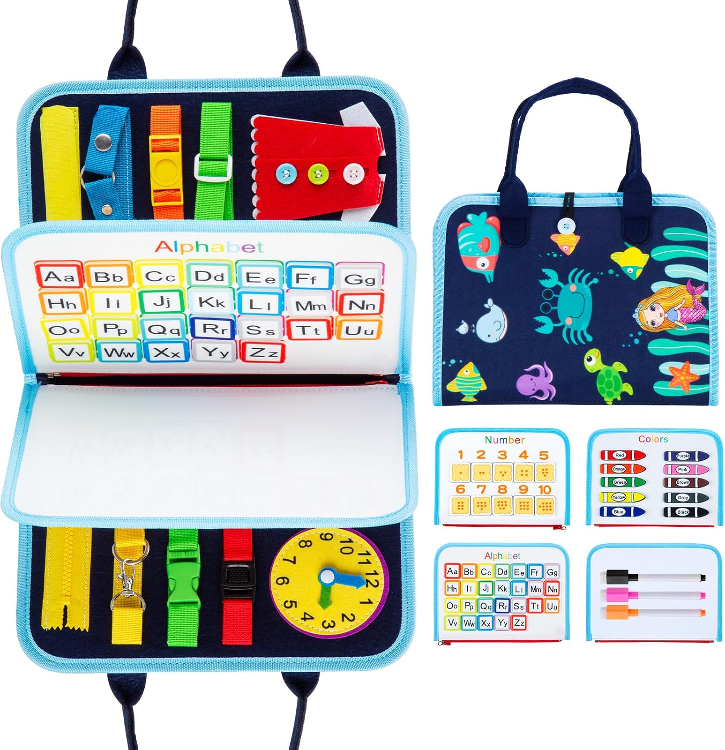 MAMPO Busy Board Jouets Montessori pour enfants de 1 2 3 4 ans, jouet de voyage pour tout-petits pour l'apprentissage des compétences de base avec l'alphabet et des jeux d'association, Busy Board portable 16 en 1 sur le thème des animaux