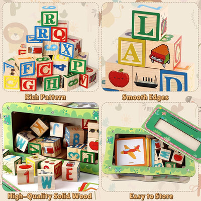 Fidtoy Boîte de Blocs de Construction de Mots en Bois avec Cartes, Ensemble de Blocs Alphabet et de Cartes Illustrées avec 27 Blocs, 20 Cartes Double Face et Boîte de Rangement Âge 3+