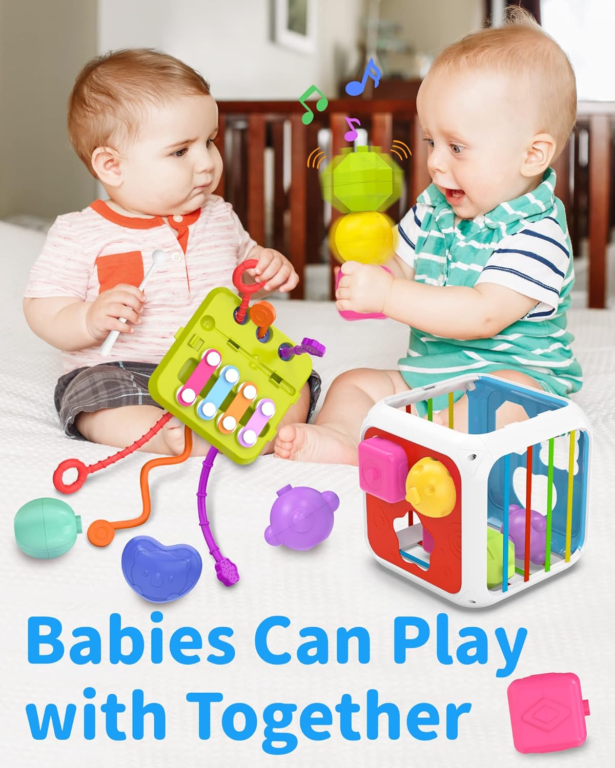 Fidtoy Cube d'activités Montessori 7-en-1 pour tout-petits – Cube d'apprentissage sensoriel multifonctionnel avec trieur de formes, xylophone, engrenages, perles, ficelle à tirer et blocs empilables