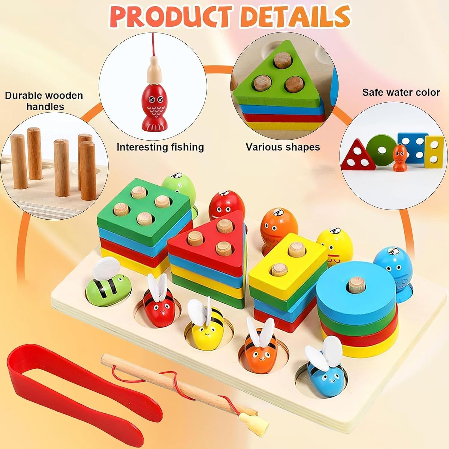 Fidtoy 3 in 1 Bee Clipping and Magnetic Fishing Four Column Shape Kit, Wooden Shape Sorting and Fine Motor Learning Toy Ages 2-6