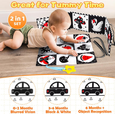 Livre en tissu à contraste élevé Fidtoy pour bébés – Set de jouets Montessori noir et blanc sensoriels pour le temps sur le ventre de 0 à 6 mois