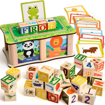 Fidtoy Boîte de Blocs de Construction de Mots en Bois avec Cartes, Ensemble de Blocs Alphabet et de Cartes Illustrées avec 27 Blocs, 20 Cartes Double Face et Boîte de Rangement Âge 3+
