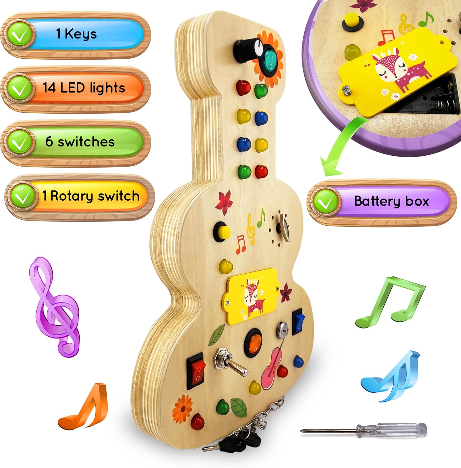 Table d'activités musicale Montessori en bois pour les tout-petres de 3 à 5 ans avec bouton mécanique, ampoules colorées, interrupteurs, boutons - Développe les sens, la motricité et la pensée logique