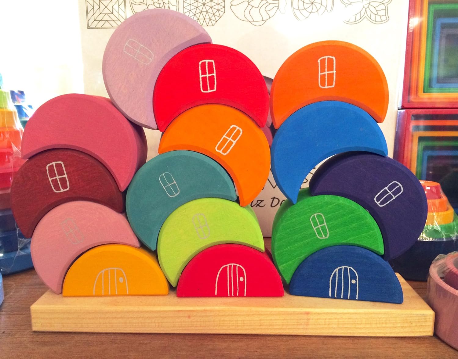 Fidtoy Blocs de construction en bois Lune à empiler, jouet d'équilibre arc-en-ciel pour enfants