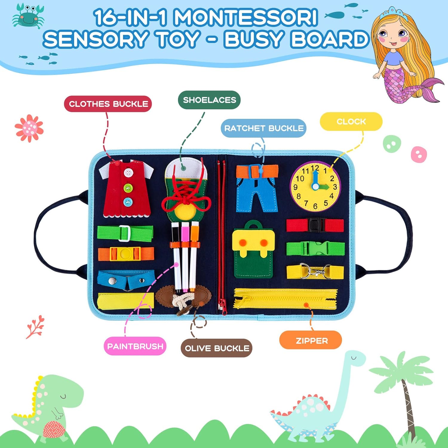 MAMPO Busy Board Jouets Montessori pour enfants de 1 2 3 4 ans, jouet de voyage pour tout-petits pour l'apprentissage des compétences de base avec l'alphabet et des jeux d'association, Busy Board portable 16 en 1 sur le thème des animaux