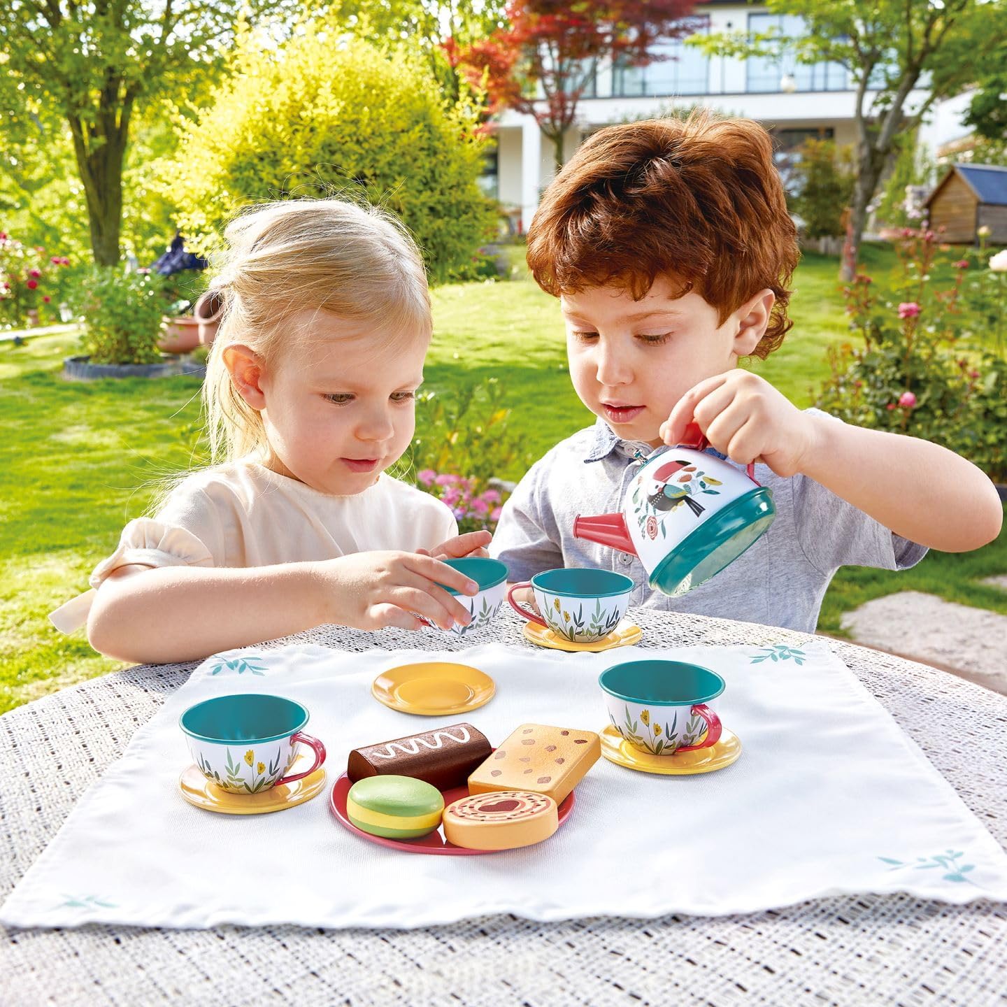 Fidtoy Juego de té de juguete para juegos de imitación con tetera, tazas y galletas