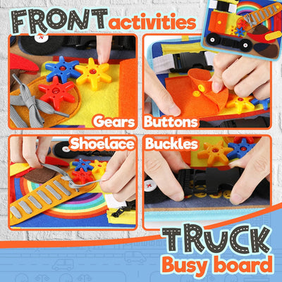 Tablette d'activités pour les tout-petits de 1 à 3 ou de 2 à 4 ans, jouet éducatif Montessori, compétences de base pour la vie et motricité fine pour les enfants, apprendre à s'habiller, jouet sensoriel comme un avion ou un jeu de voyage en voiture