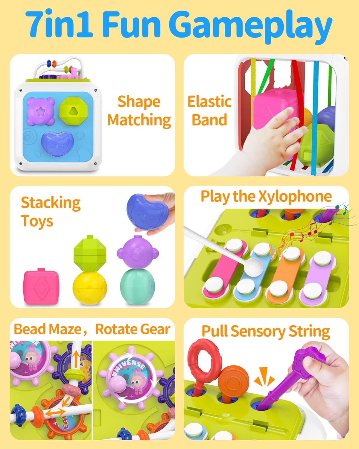 Fidtoy Cube d'activités Montessori 7-en-1 pour tout-petits – Cube d'apprentissage sensoriel multifonctionnel avec trieur de formes, xylophone, engrenages, perles, ficelle à tirer et blocs empilables