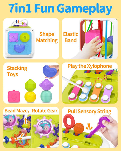Fidtoy Cube d'activités Montessori 7-en-1 pour tout-petits – Cube d'apprentissage sensoriel multifonctionnel avec trieur de formes, xylophone, engrenages, perles, ficelle à tirer et blocs empilables