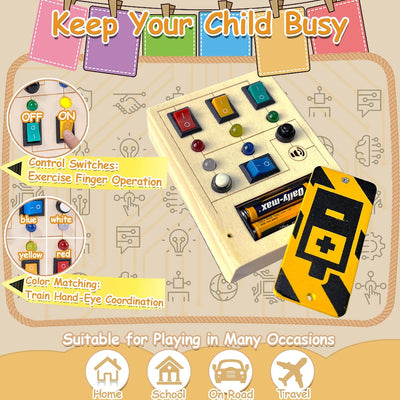 TEUVO Planche d'activités lumineuse LED pour tout-petits avec sons, jouets de voyage sensoriels Montessori en bois avec boutons pour occuper les enfants, cadeaux pour garçons et filles de 3 ans et plus