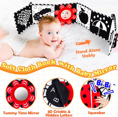 Livre en tissu à contraste élevé Fidtoy pour bébés – Set de jouets Montessori noir et blanc sensoriels pour le temps sur le ventre de 0 à 6 mois