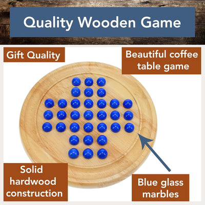 Fidtoy Solitaire Wooden Game with Marble Balls for Kids Ages 5+, Classic Wooden Strategy Board Game with 33 Blue Glass Marbles, Instructions and Coffee Table Puzzle Play