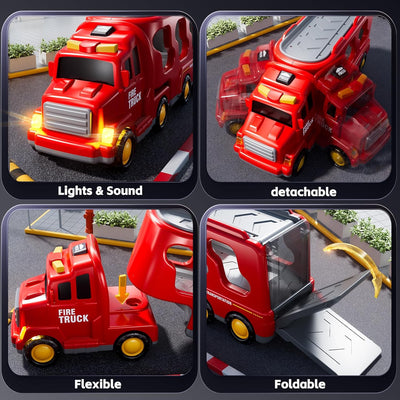 Fidtoy 5-in-1 Fire Truck Carrier Playset for Kids with Helicopter Ladder Truck Lights and Sounds
