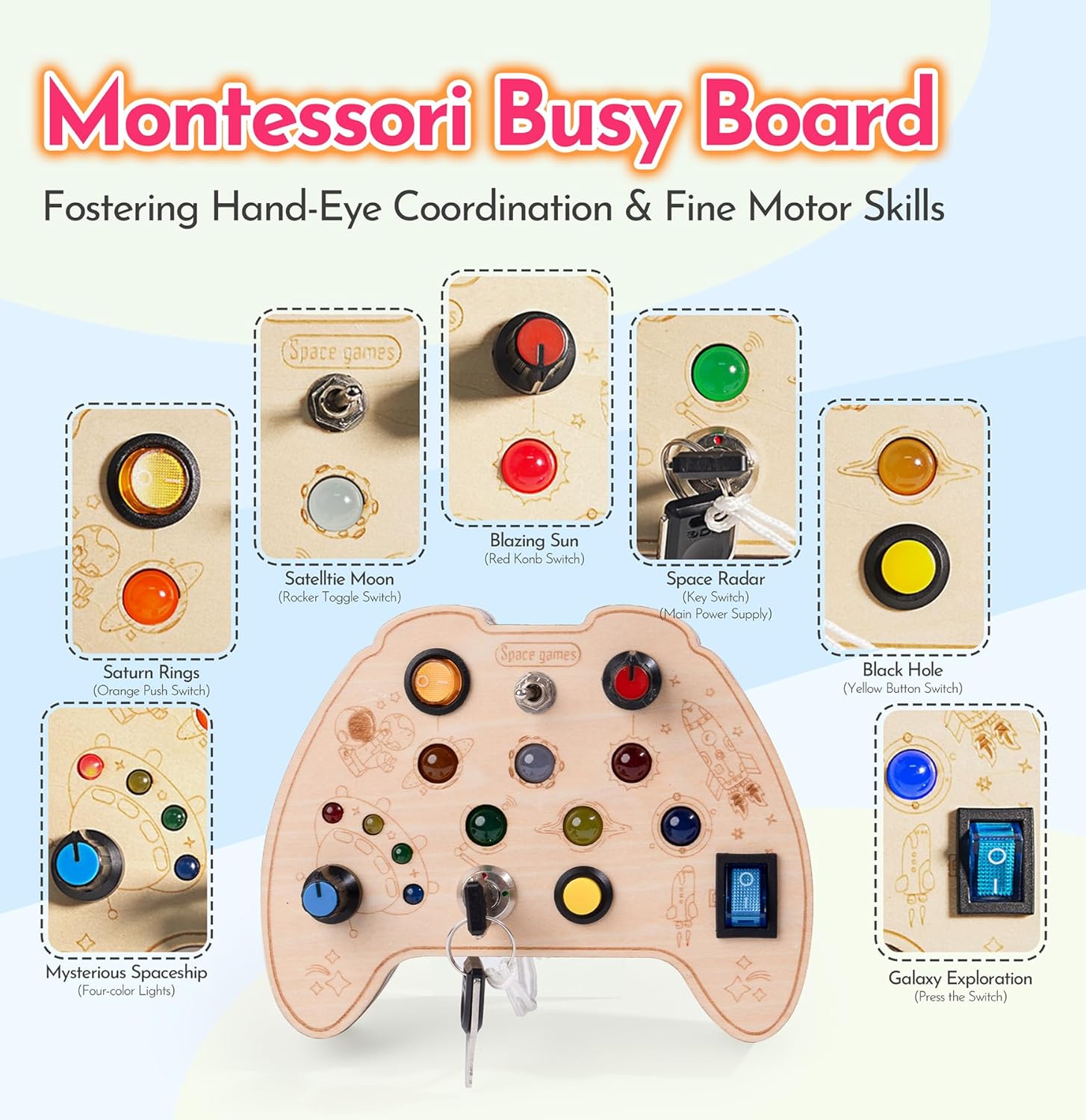 KidMigo Planche d'activités Montessori en bois avec interrupteur LED et interrupteurs à clé pour la motricité fine, jouets sensoriels pour les 2-5 ans et plus