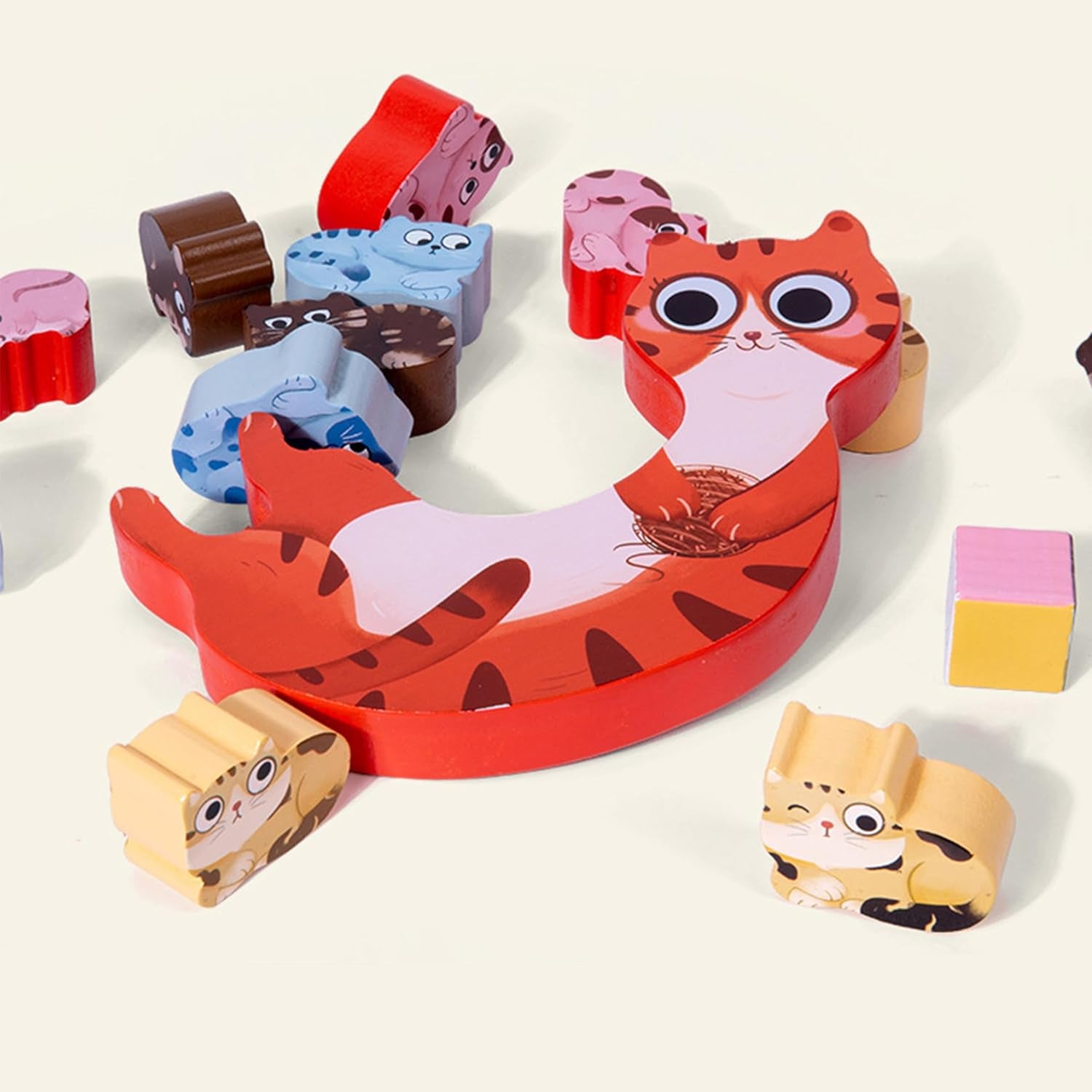 Fidtoy Wooden Kitten Balance 14 Pieces Learning Toy Montessori Animal Stacking Game for Kids Ages 3+