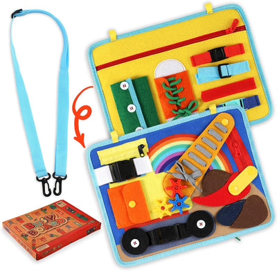 Tablette d'activités pour les tout-petits de 1 à 3 ou de 2 à 4 ans, jouet éducatif Montessori, compétences de base pour la vie et motricité fine pour les enfants, apprendre à s'habiller, jouet sensoriel comme un avion ou un jeu de voyage en voiture