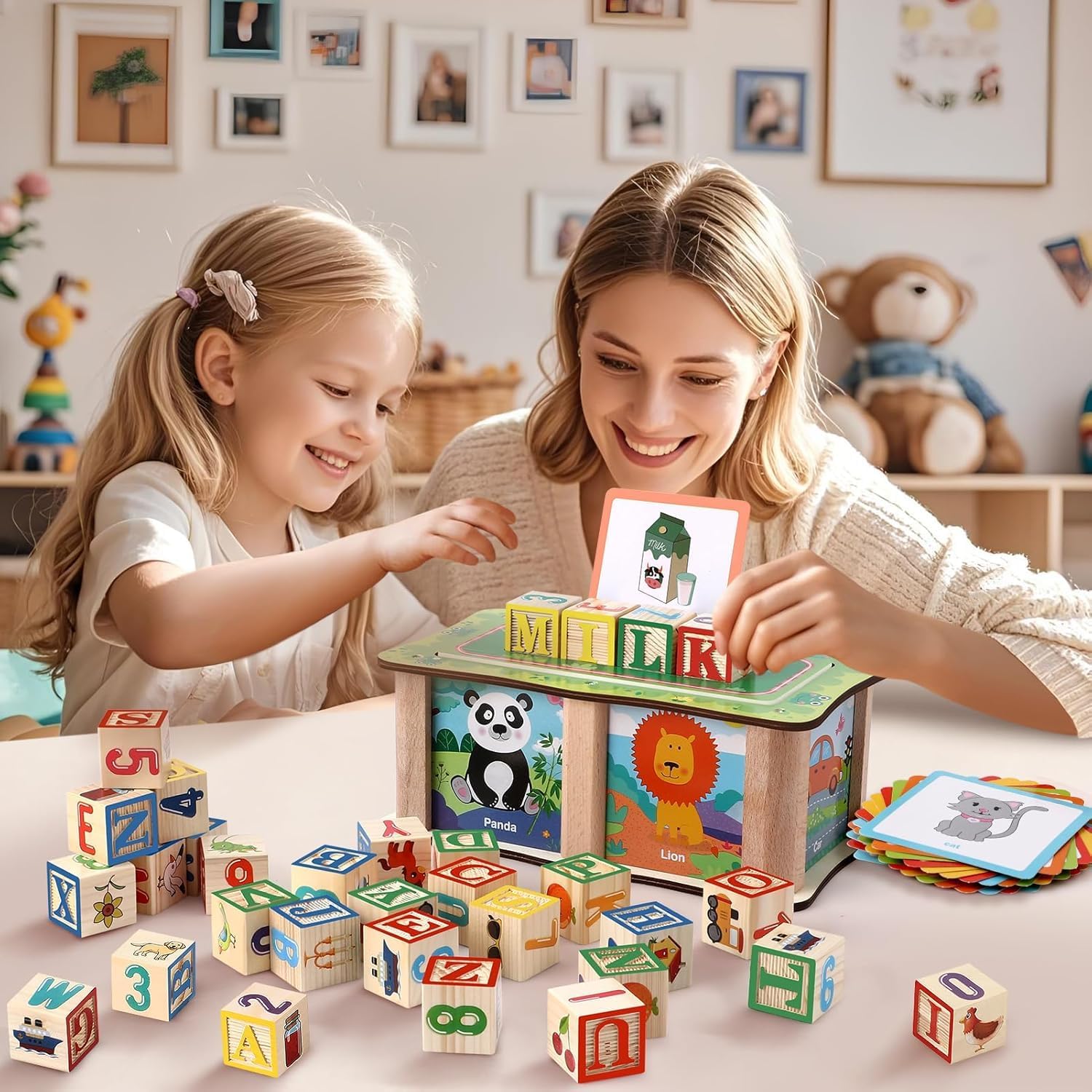 Fidtoy Boîte de Blocs de Construction de Mots en Bois avec Cartes, Ensemble de Blocs Alphabet et de Cartes Illustrées avec 27 Blocs, 20 Cartes Double Face et Boîte de Rangement Âge 3+
