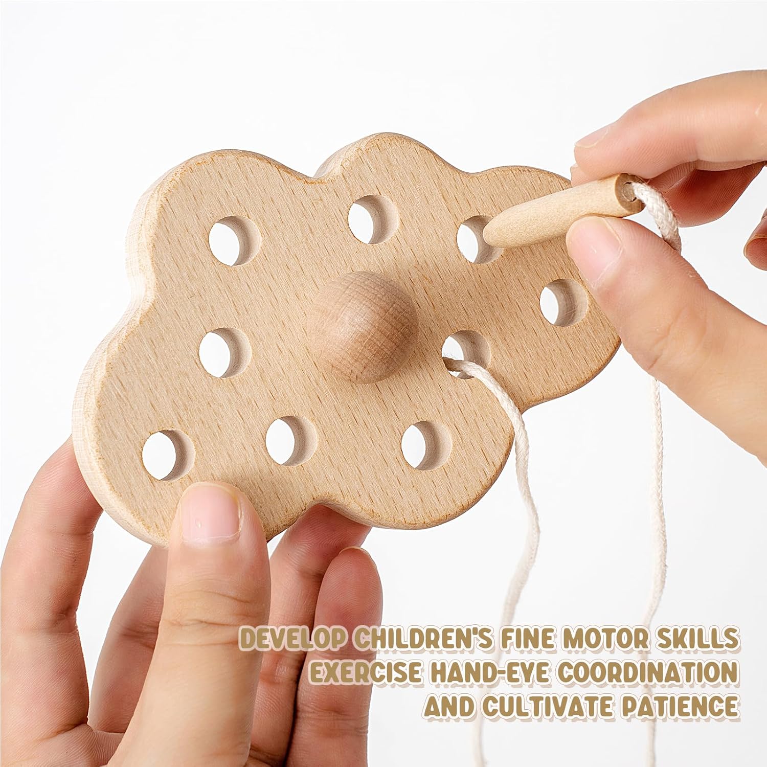 Jouets à lacer en bois FlameFlash pour tout-petits de 1 à 3 ans, jouets à enfiler en bois massif, jouets pour tout-petits silencieux lune/étoiles/nuage pour voyage en avion, jouets sensoriels pour la motricité fine pour enfants de 2 3 4 ans (bois naturel)
