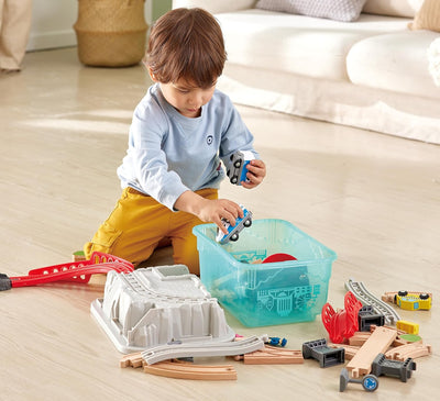 Fidtoy Circuit de train de ville en bois avec seau de rangement