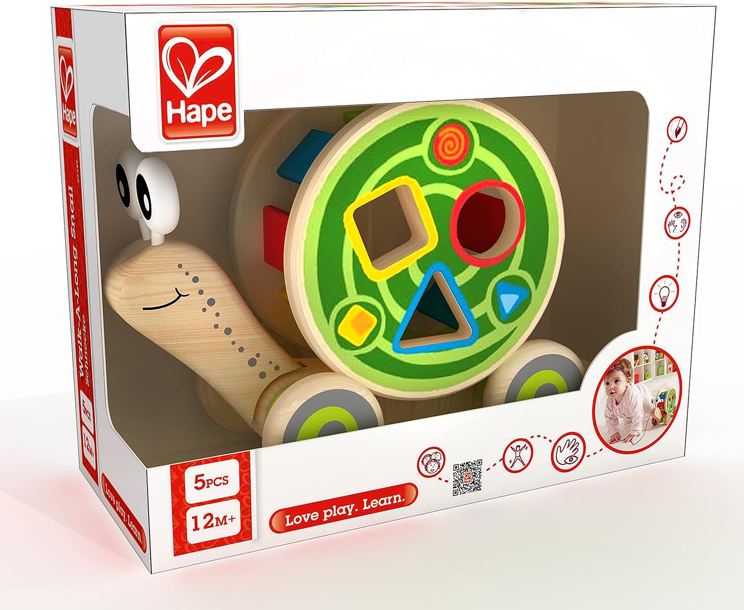 Fidtoy Juguete de arrastre con forma de caracol de madera, clasificador de formas, juguete de aprendizaje para niños pequeños