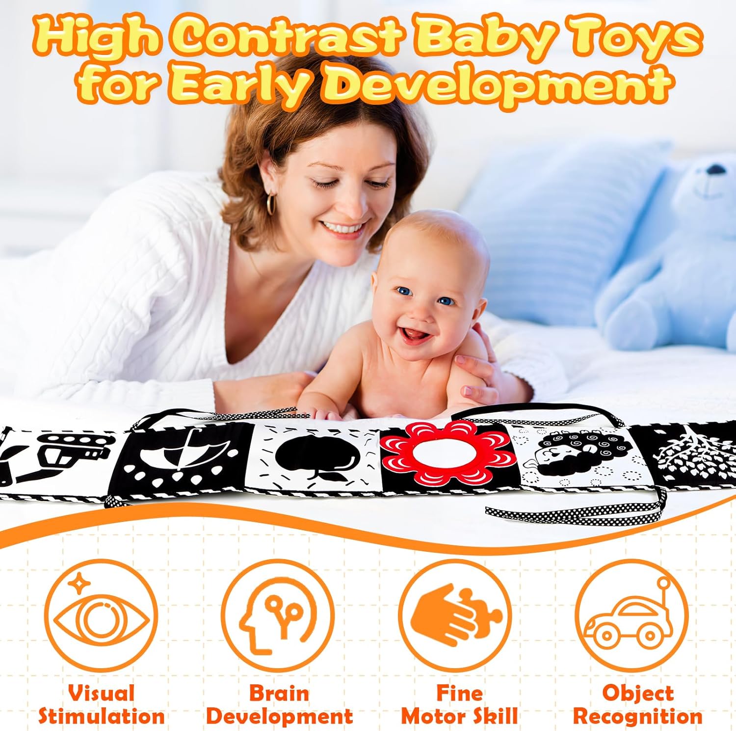 Livre en tissu à contraste élevé Fidtoy pour bébés – Set de jouets Montessori noir et blanc sensoriels pour le temps sur le ventre de 0 à 6 mois