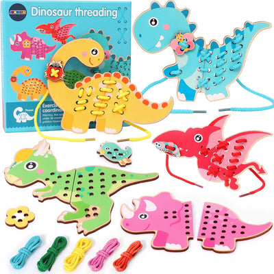 Atoylink 5 Pack Wooden Lacing Cards for Kids 3-5 Dinosaur Threading Sewing Cards Toddler Travel Toys Preschool Puzzle Game Fine Motor Skills Toys for 3 4 5 6 Year Old Christmas Birthday Gift