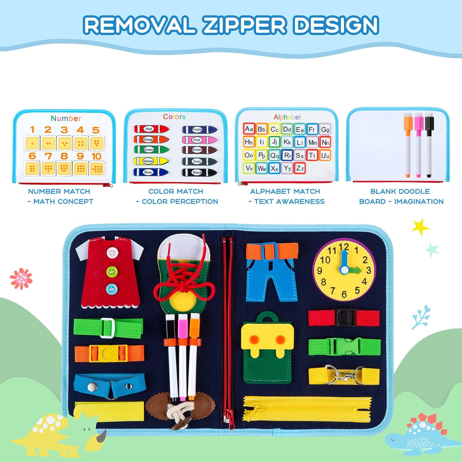 MAMPO Busy Board Jouets Montessori pour enfants de 1 2 3 4 ans, jouet de voyage pour tout-petits pour l'apprentissage des compétences de base avec l'alphabet et des jeux d'association, Busy Board portable 16 en 1 sur le thème des animaux