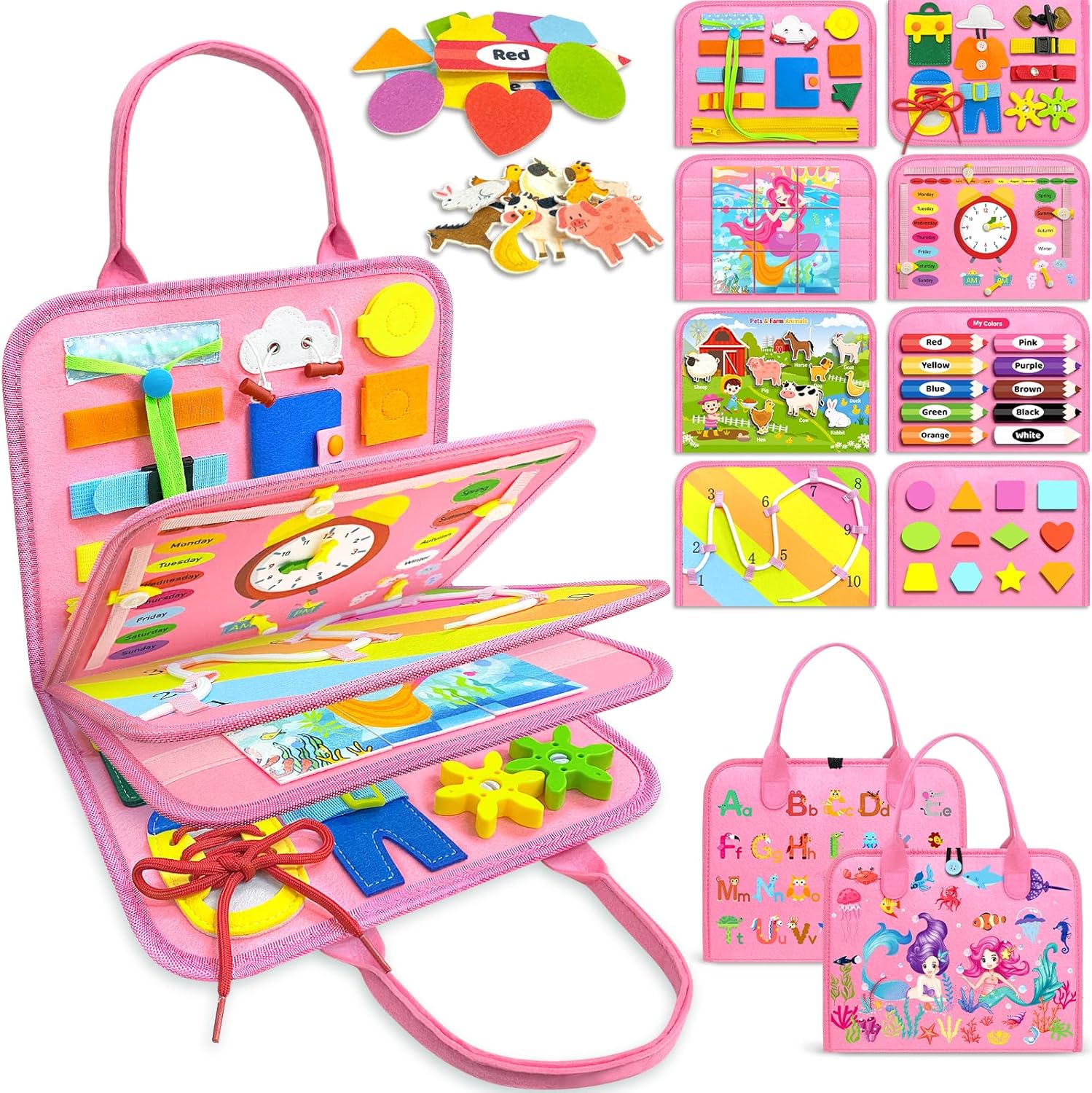 Gojmzo Busy Board Montessori Jouets pour Tout-Petits Garçons et Filles, Cadeaux, Jouets Sensoriels pour Tout-Petits, Activités Éducatives de Voyage Préscolaires Apprentissage Alphabet Compter Motricité Fine