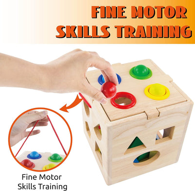 Fidtoy Wooden Activity Cube Shape Sorter and Hammering Toy with 13 Shapes and 4 Balls for Toddlers