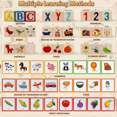 Fidtoy Boîte de Blocs de Construction de Mots en Bois avec Cartes, Ensemble de Blocs Alphabet et de Cartes Illustrées avec 27 Blocs, 20 Cartes Double Face et Boîte de Rangement Âge 3+