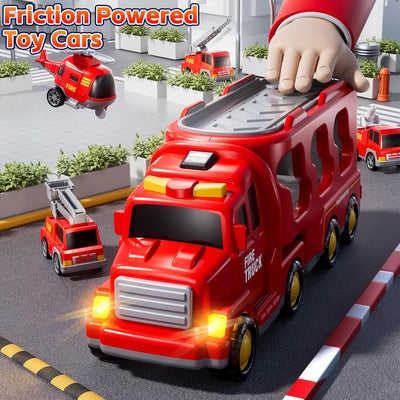 Fidtoy 5-in-1 Fire Truck Carrier Playset for Kids with Helicopter Ladder Truck Lights and Sounds
