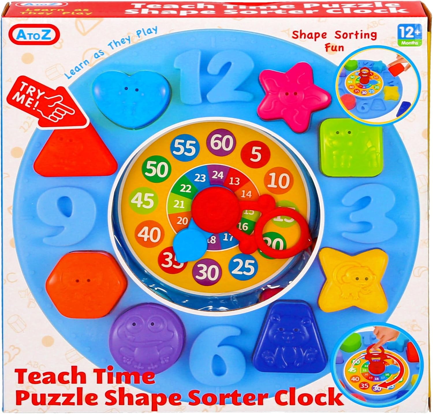 Fidtoy Teach Time Learning Clock Toy for Kids, Plastic Manual Time-Telling Clock with Number Learning and Shape Sorting Activity, 10.24 Inch Educational Toy