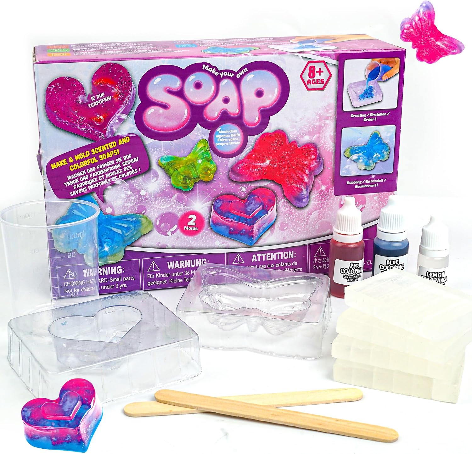 Fidtoy Science Exploration Make Your Own Colorful and Scented Soaps Kit for Kids Ages 8+, DIY Soap Making STEM Craft Set with Transparent Soap Base, Fragrances, Pigments, 3D Butterfly and Heart Molds