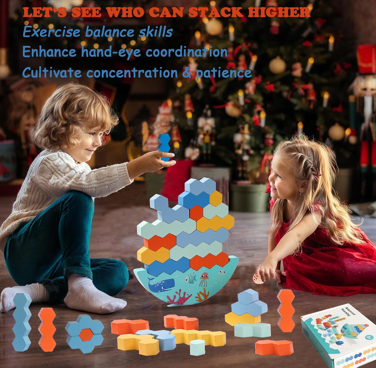 Fidtoy Balance Stacking Board Game Wooden Blocks with Dice