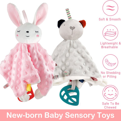 Lot de 2 doudous pour nouveau-nés, jouets sensoriels pour bébés, peluches animales douces pour nouveau-nés, cadeaux, jouets doux au toucher pour câlins