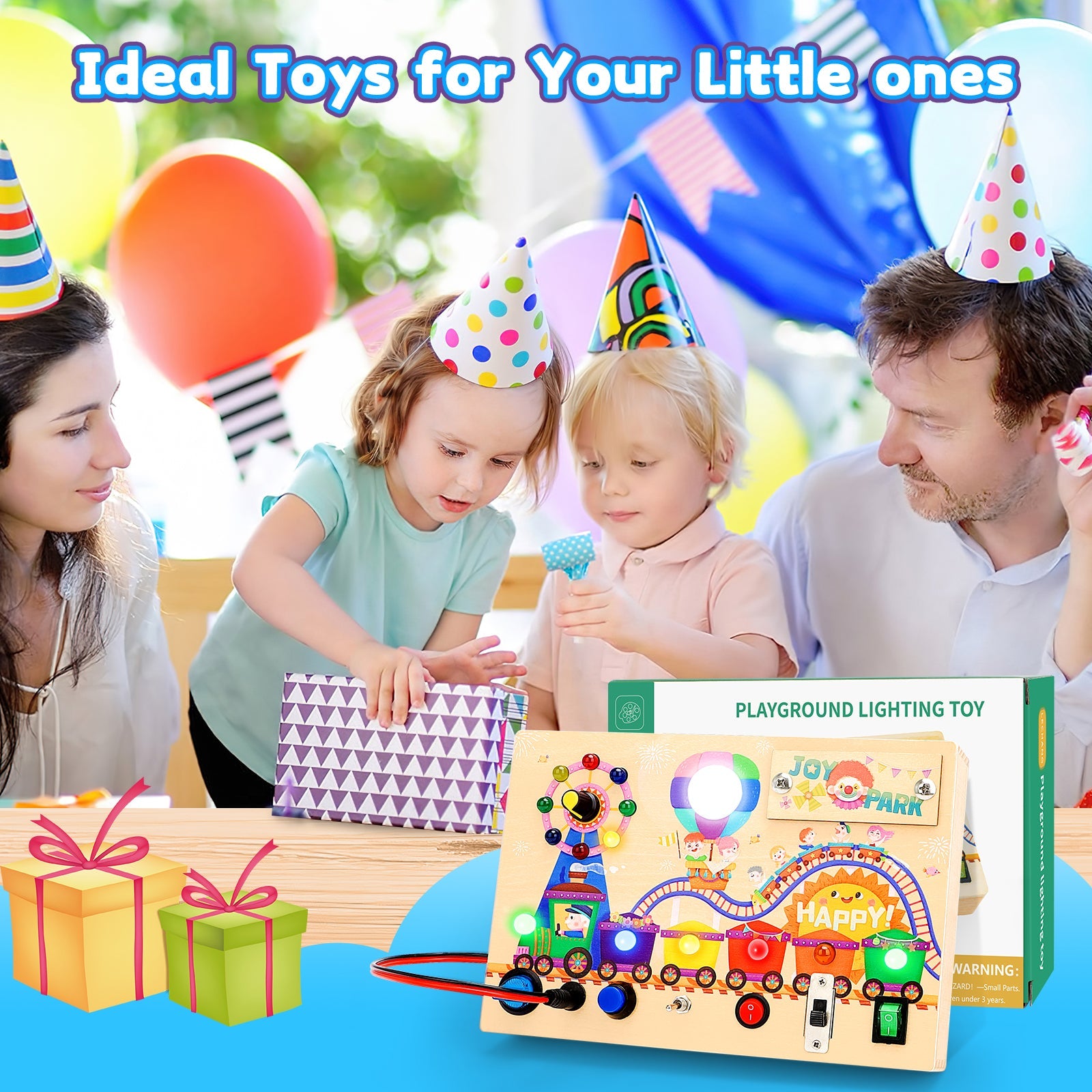 Fidtoy Montessori Wooden Busy Board -Light-Up Sensory Activity Toy for Toddlers, Fine Motor Skills Learning Toy for Ages 1-4, Travel-Friendly Fidget Board for Boys & Girls