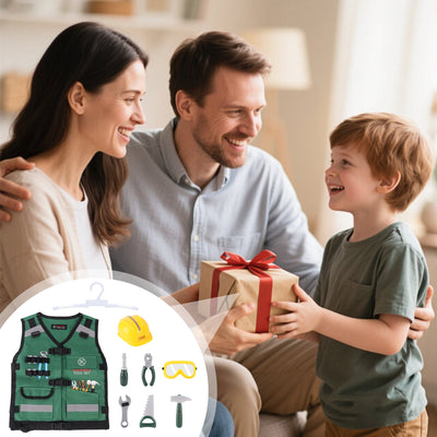 Juego de ropa de juego de rol de construcción, disfraz de juego de rol, chaleco de constructor realista, casco de seguridad, herramientas de juguete y accesorios, kit de juego de simulación STEM para niños y niñas de 3 años en adelante - Regalo de disfraz