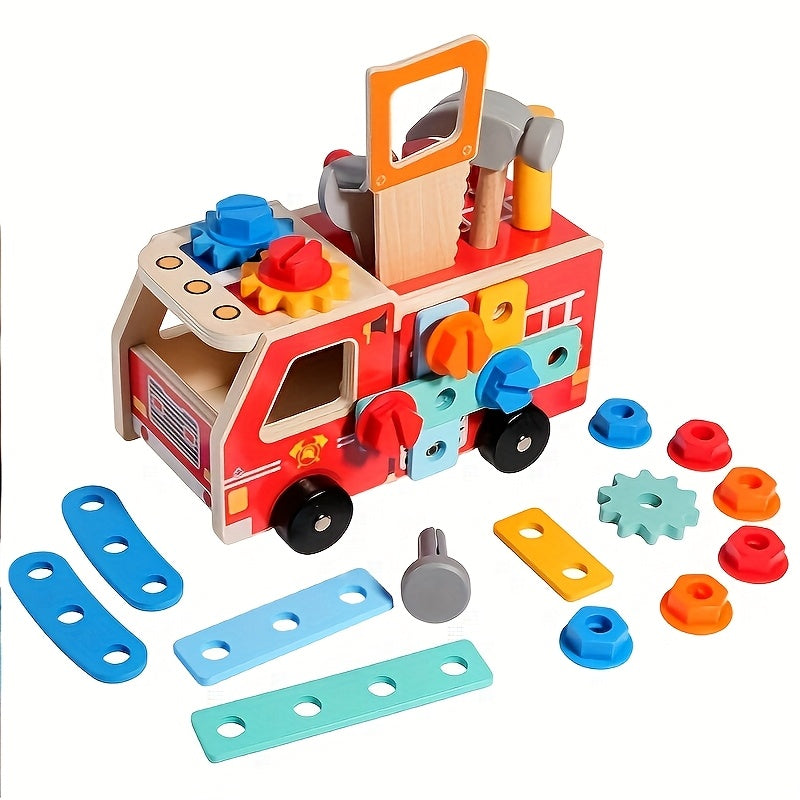 Fidtoy Camión de Bomberos de Madera para Ensamblar | Aprendizaje STEM y Juego Simbólico para Niños Pequeños