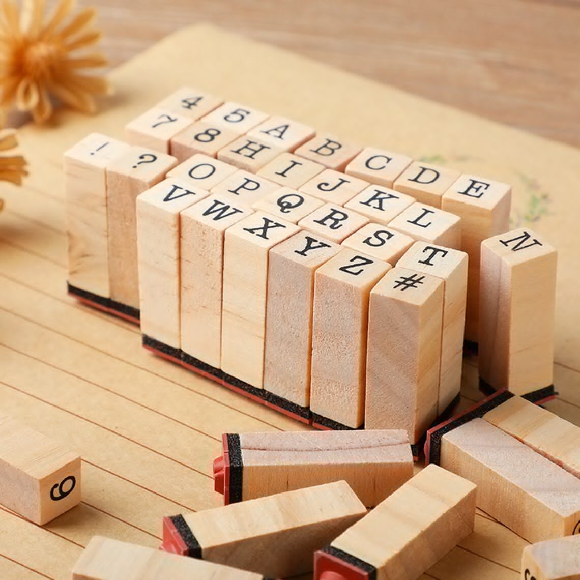 Fidtoy Wooden Number and Letter Stamp Set 40 Pieces Alphabet Rubber Stamps with Inkpad for Kids DIY Cards Scrapbooks Journals Ages 3+