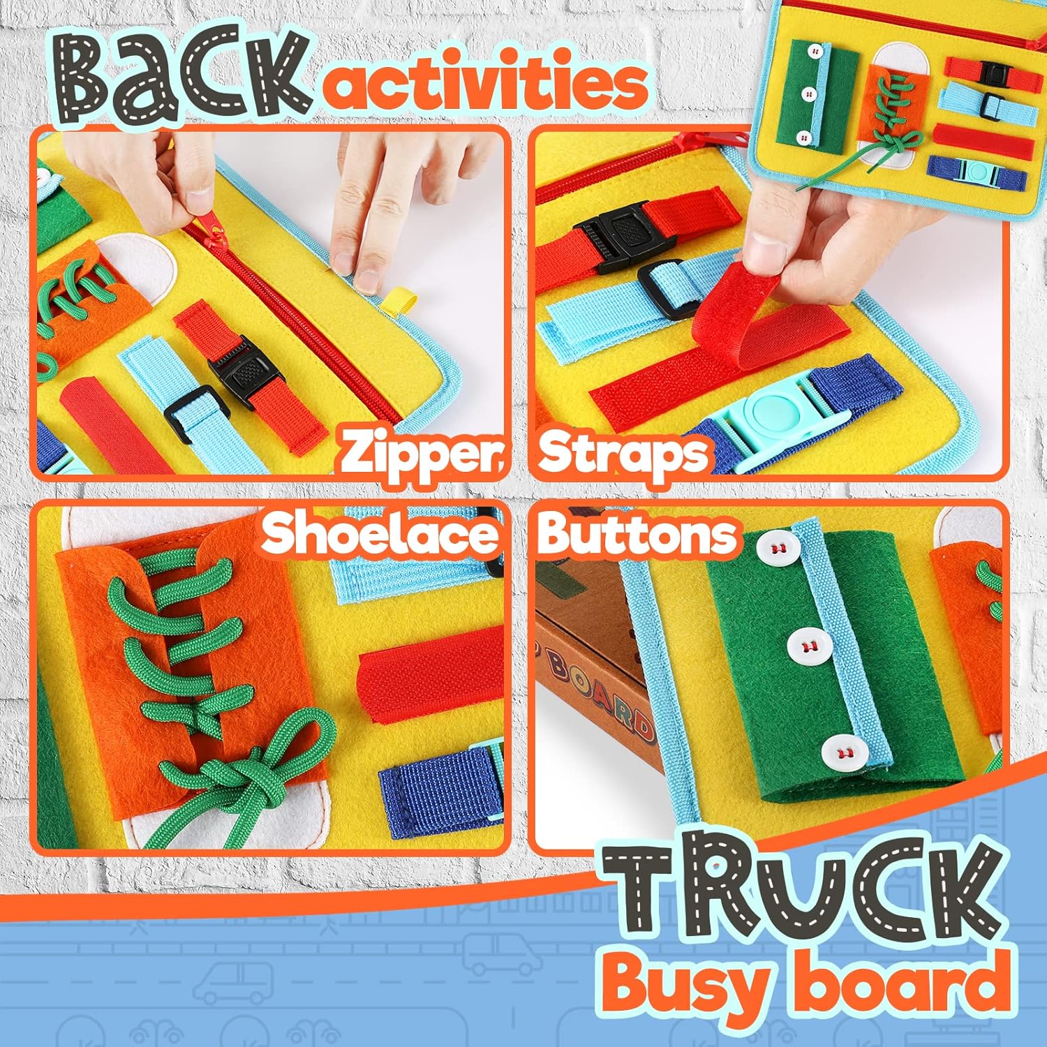 Tablette d'activités pour les tout-petits de 1 à 3 ou de 2 à 4 ans, jouet éducatif Montessori, compétences de base pour la vie et motricité fine pour les enfants, apprendre à s'habiller, jouet sensoriel comme un avion ou un jeu de voyage en voiture