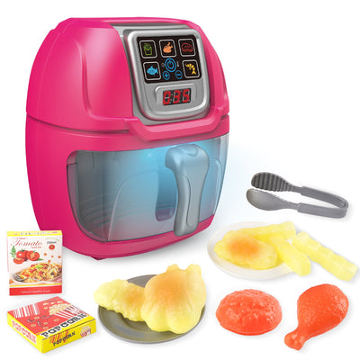 Juego de juguete freidora de aire rosa para juego de simulación, máquina de cocina, juego de rol con platos, accesorios de comida de juguete, pinzas para servir comida