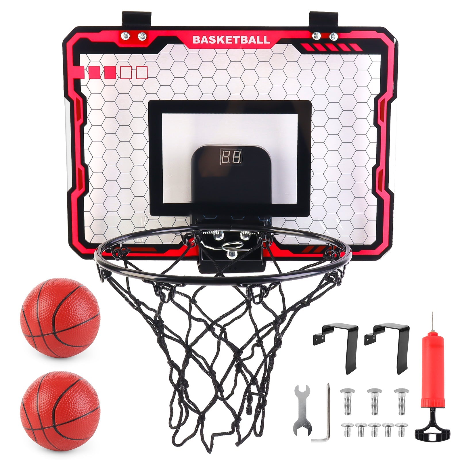 Mini panier de basket d'intérieur avec 2 ballons et pompe – Kit de basket parfait à fixer à une porte pour enfants, adolescents et adultes, idéal pour la chambre, le bureau ou l'extérieur, excellent cadeau pour garçons et filles