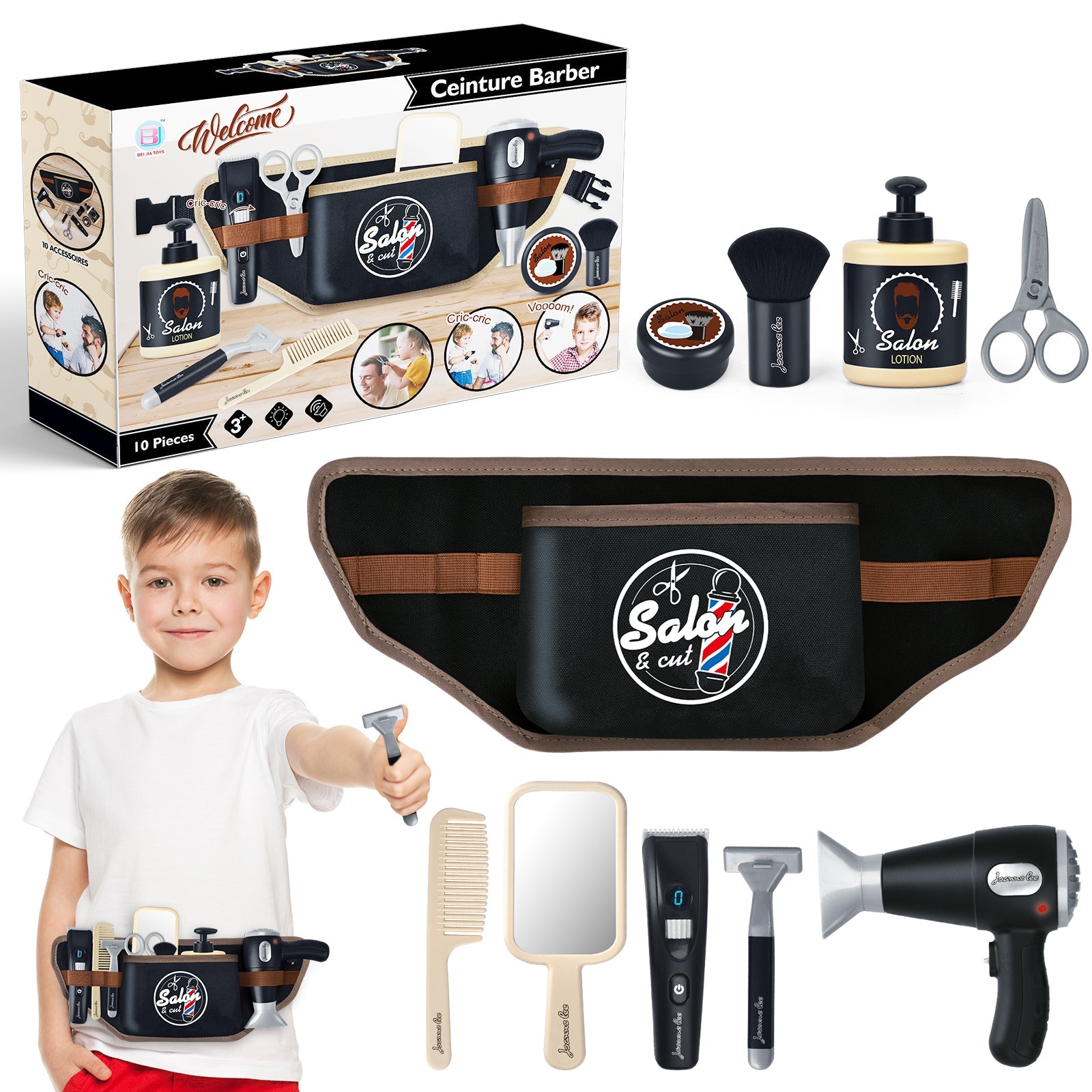 Kit de jouets de coiffeur avec sèche-cheveux, faux rasoir et ciseaux de barbier pour enfants de 3 ans et plus