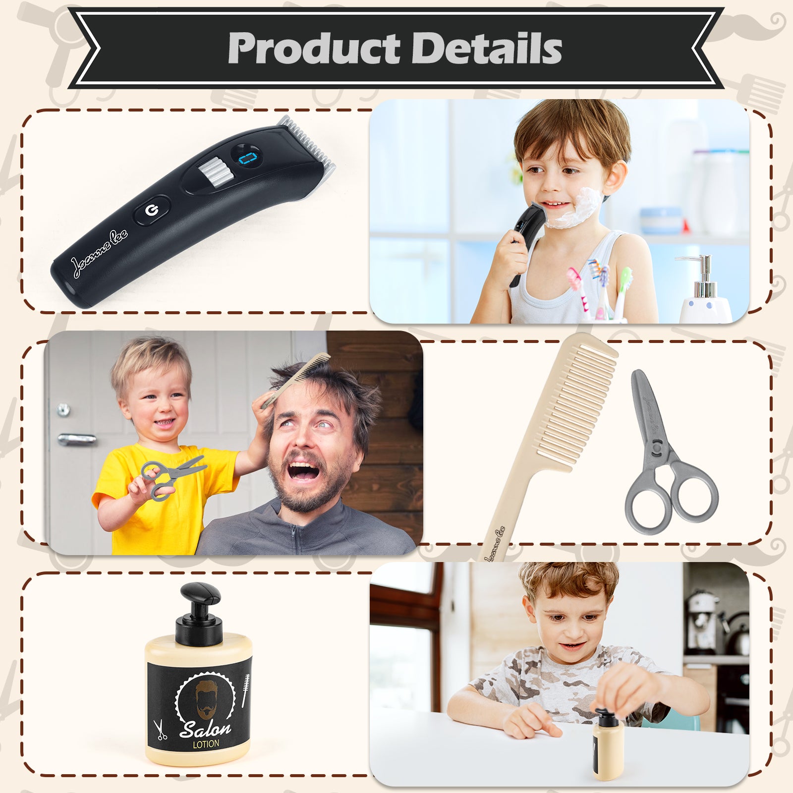 Kit de jouets de coiffeur avec sèche-cheveux, faux rasoir et ciseaux de barbier pour enfants de 3 ans et plus